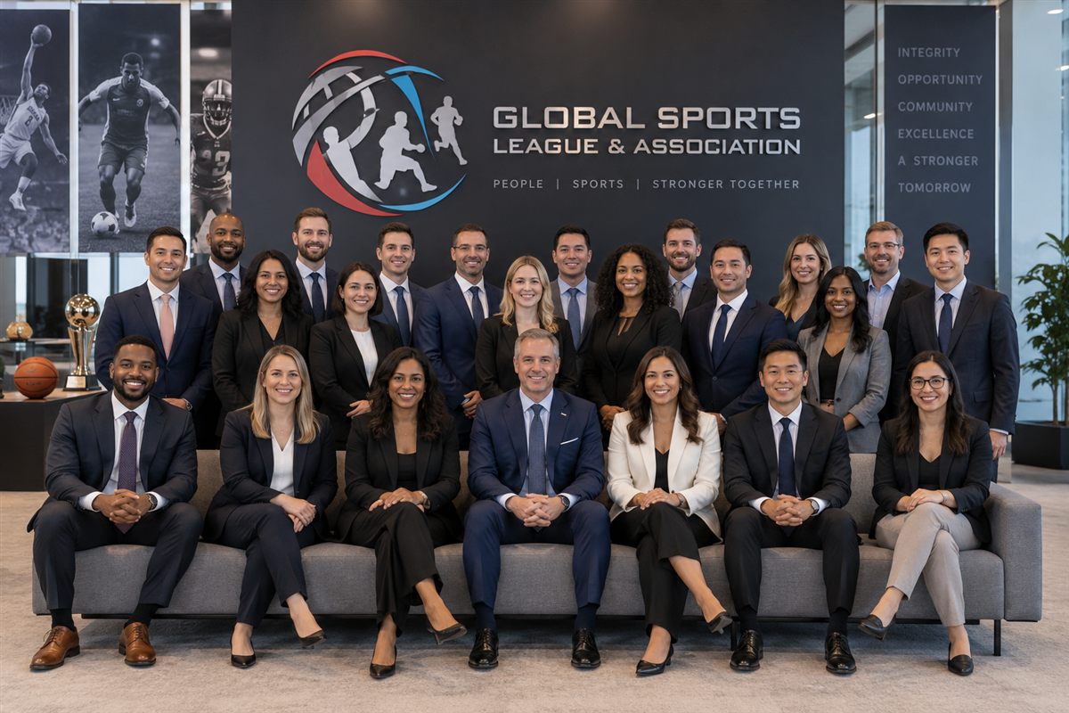 Leagues and associations team gathered in front of a sports league sign